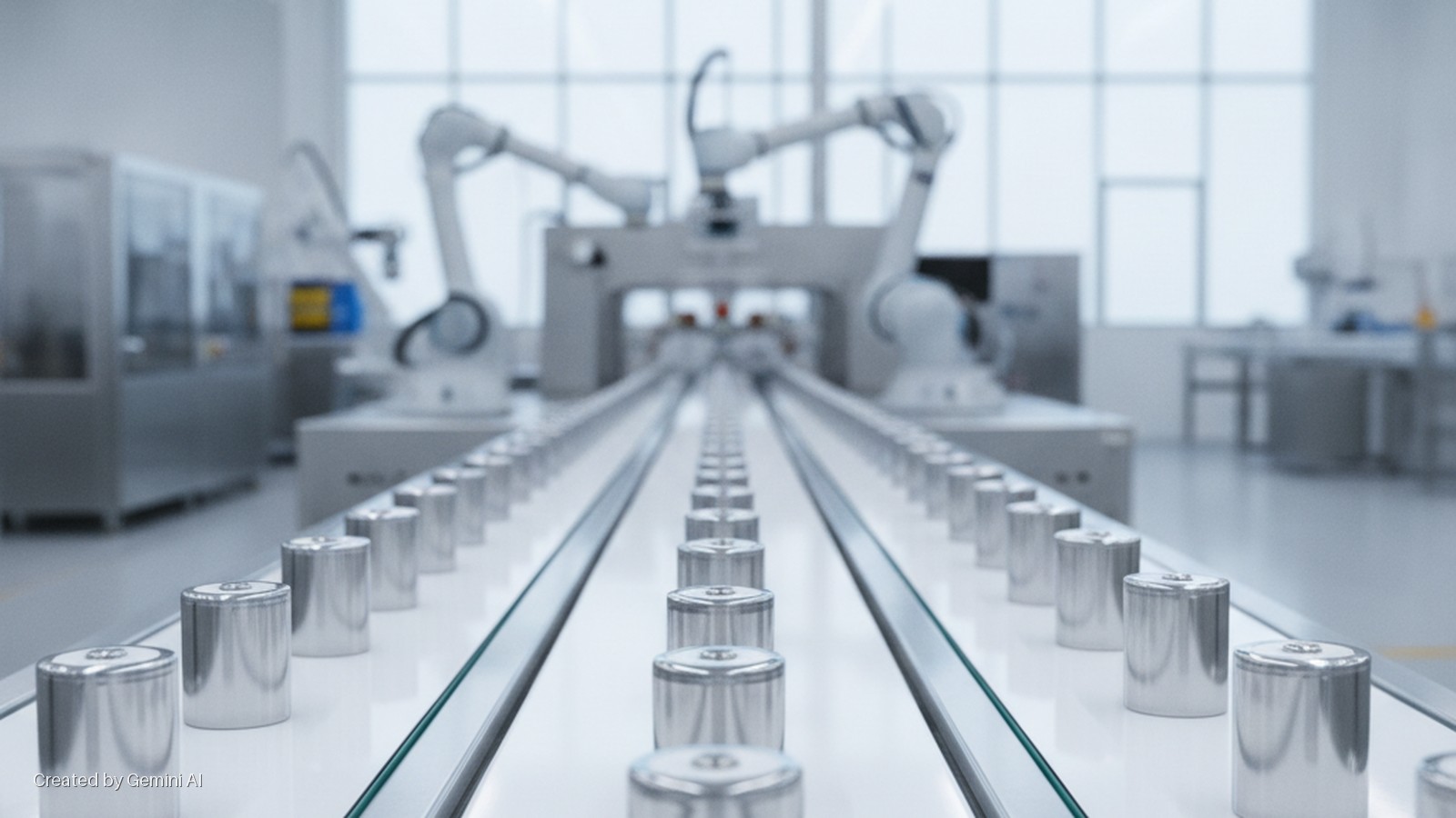 A row of metallic cylindrical objects moves along a conveyor belt towards robotic arms and other machinery in a brightly lit, clean factory.