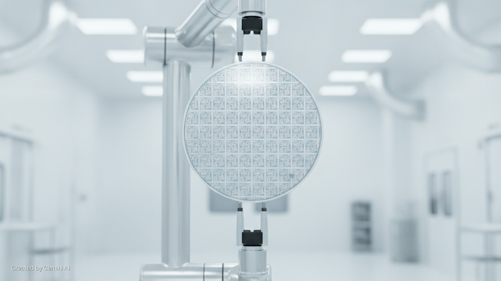 A circular silicon wafer featuring a grid of integrated circuit dies is held by a robotic gripper within a brightly lit, sterile cleanroom.
