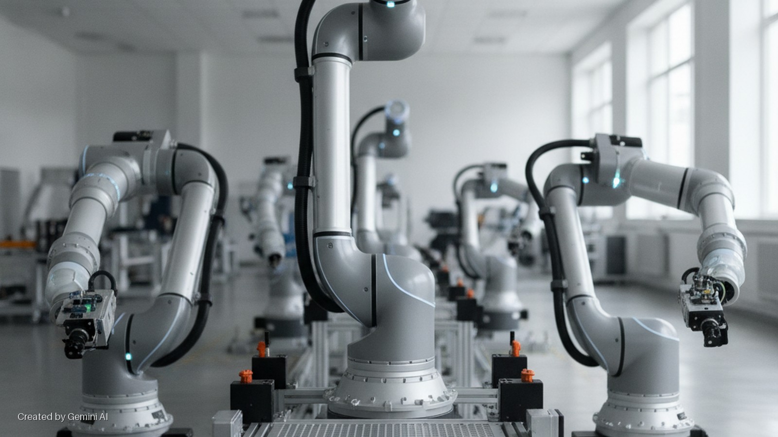Grey industrial robotic arms with blue glowing accents and camera attachments are arranged on an assembly line in a brightly lit factory or laboratory.