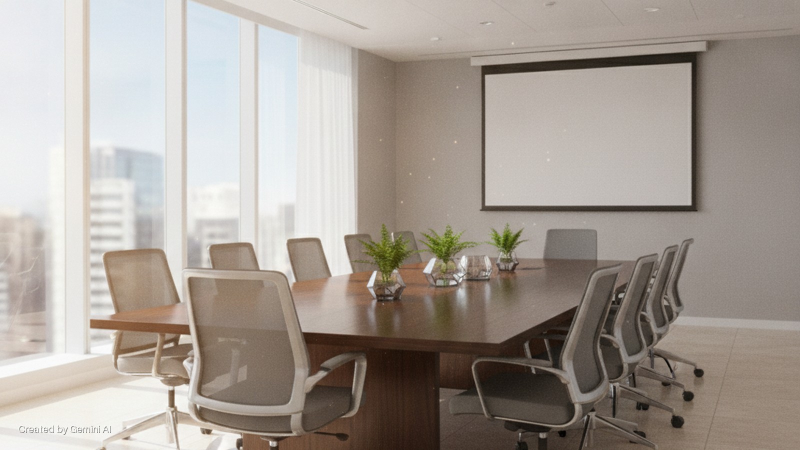 A bright modern office conference room features a large wooden table, grey mesh office chairs, decorative potted plants, and a wall-mounted projection screen, illuminated by natural light from expansive windows overlooking a city skyline.