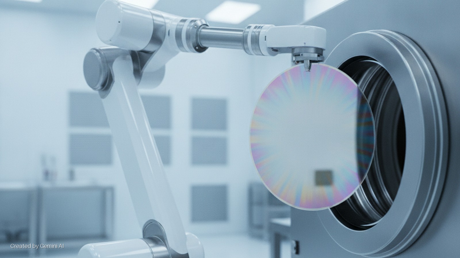 A white robotic arm is inserting an iridescent silicon wafer into the circular opening of a processing tool, set in a bright, cool-toned cleanroom.