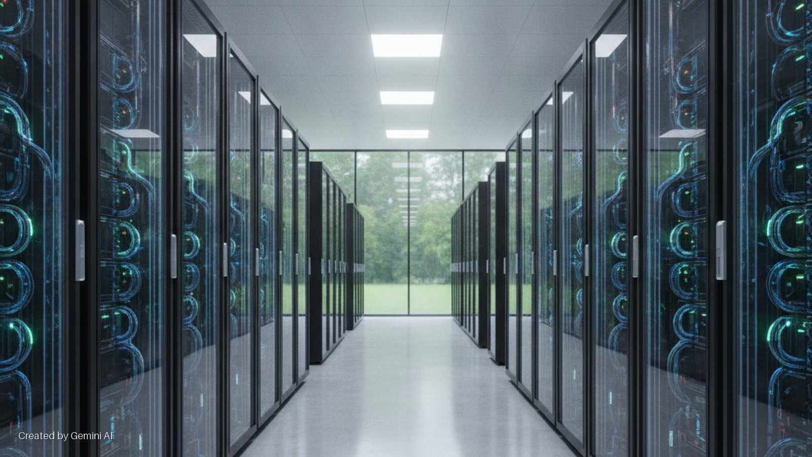 A brightly lit modern data center hallway features two rows of glass-fronted server racks under overhead lights, leading to large windows displaying a green outdoor landscape.