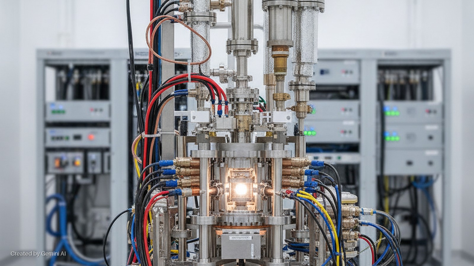 A gleaming, complex scientific apparatus with numerous metal pipes, colorful wires, and a brightly illuminated central chamber stands in a laboratory, with blurred control cabinets behind it.