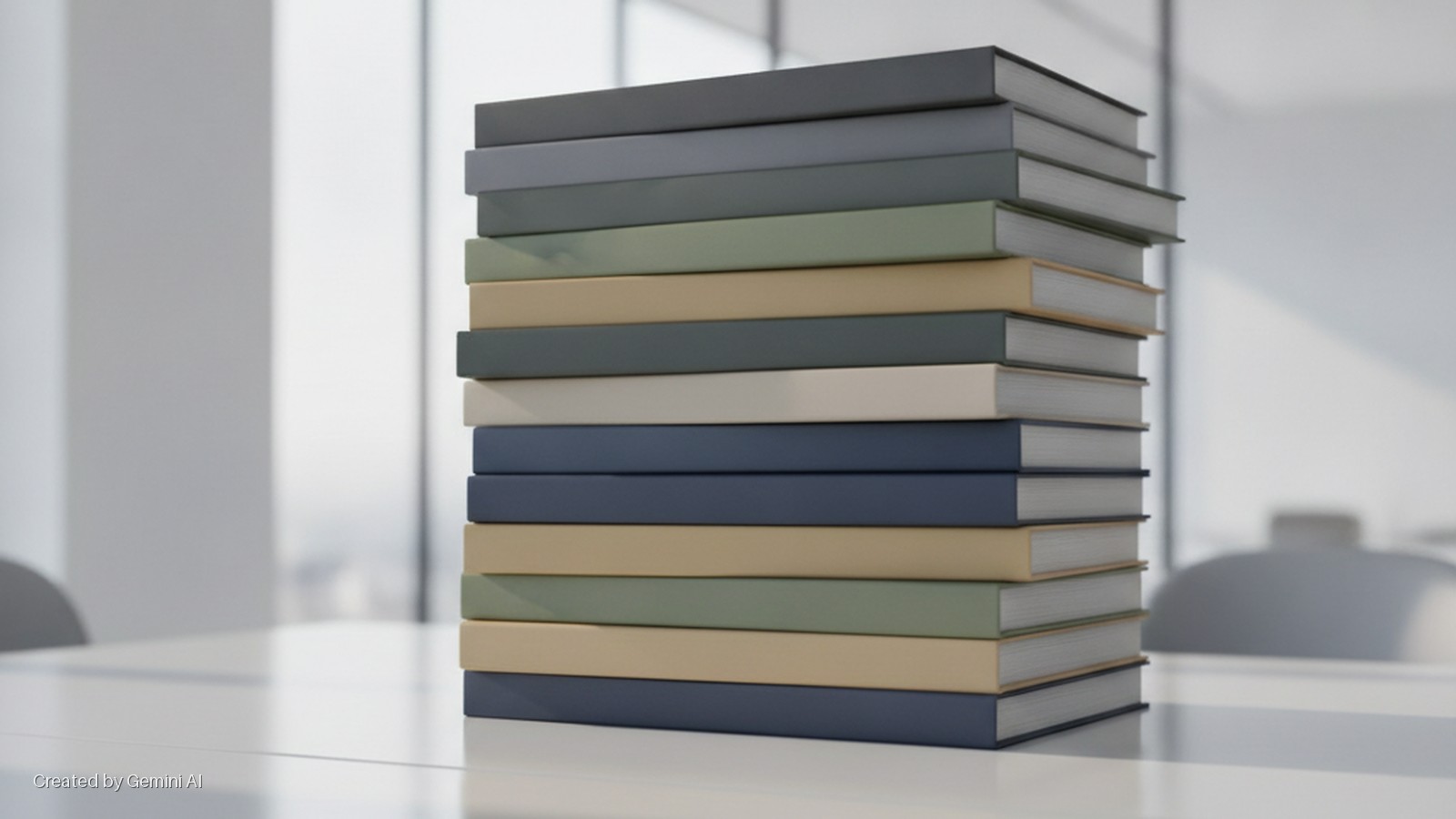 A tall stack of books with muted grey, green, beige, and blue covers rests on a bright white table in a softly lit modern office.
