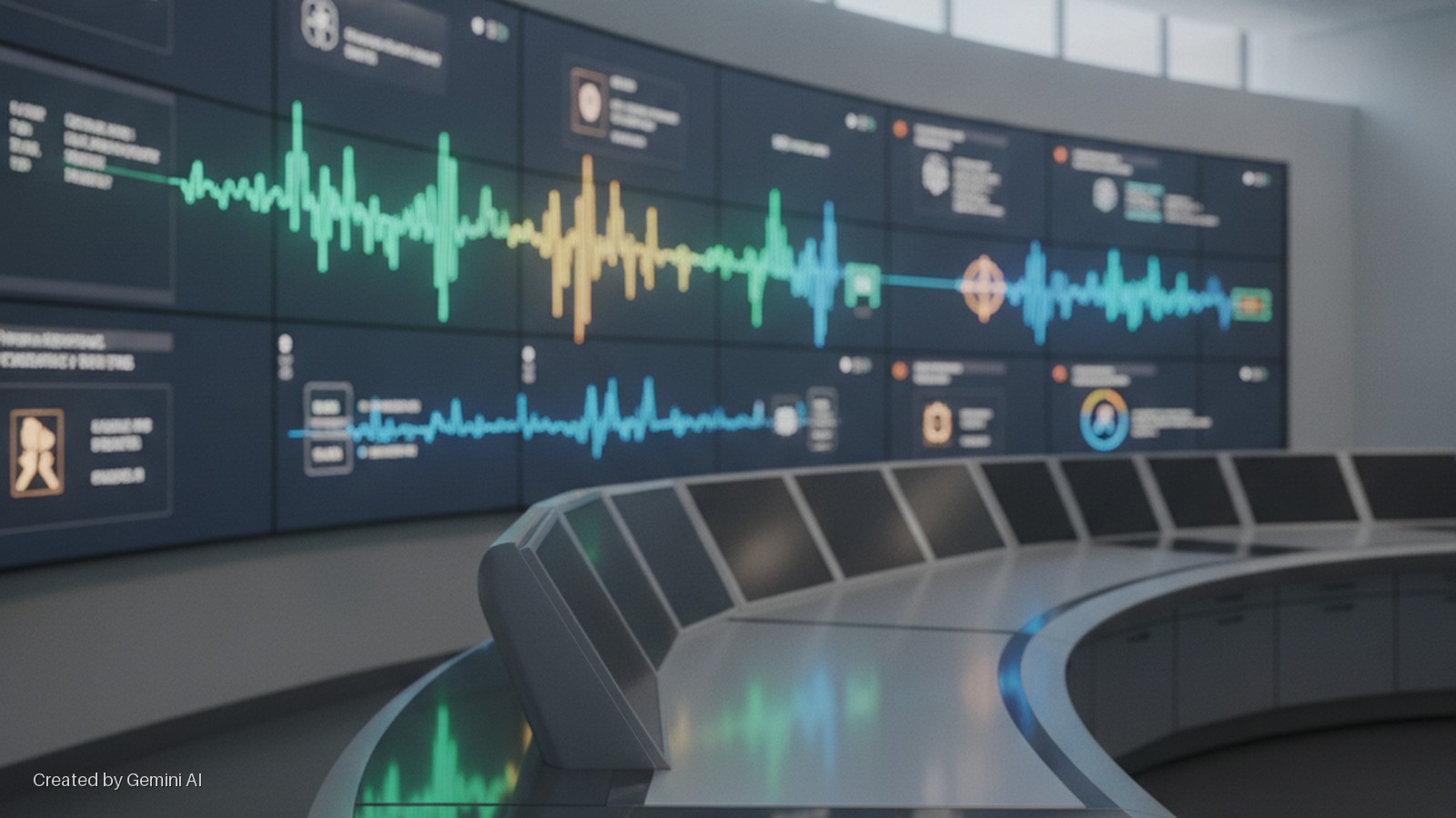 A modern control room features a large, curved display wall with vibrant waveform graphs and data, and a sleek, curved control desk reflecting the screen lights.
