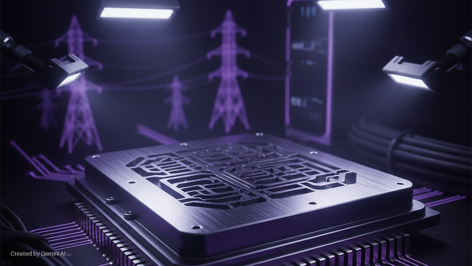 A dark, futuristic scene featuring a metal processor chip on a circuit board with glowing purple traces, illuminated by white lamps, with neon purple power line pylons and a server cabinet in the background.