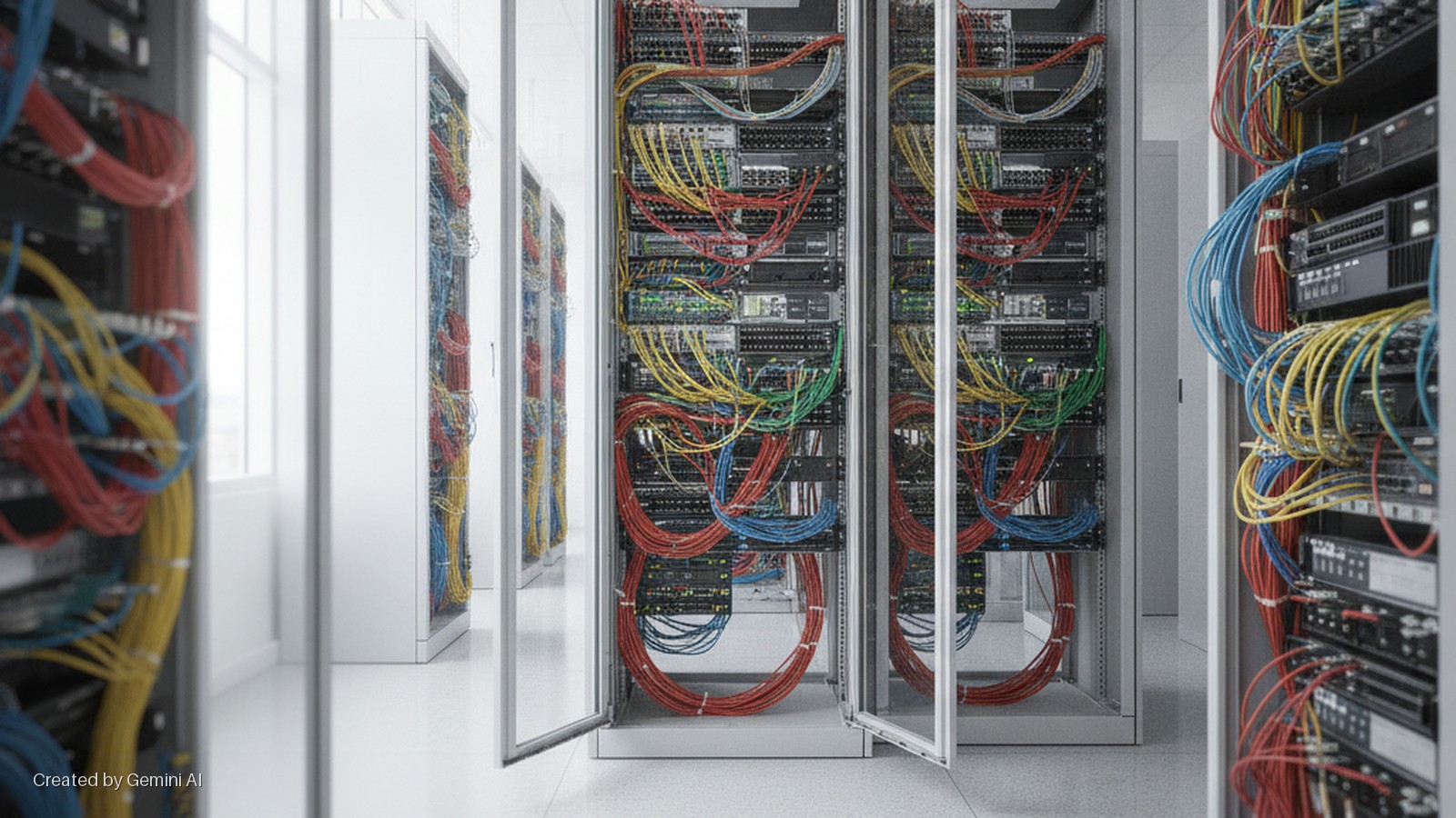 A brightly lit server room features multiple server racks with open glass doors, revealing rows of network equipment and a dense arrangement of red, yellow, blue, and green network cables.