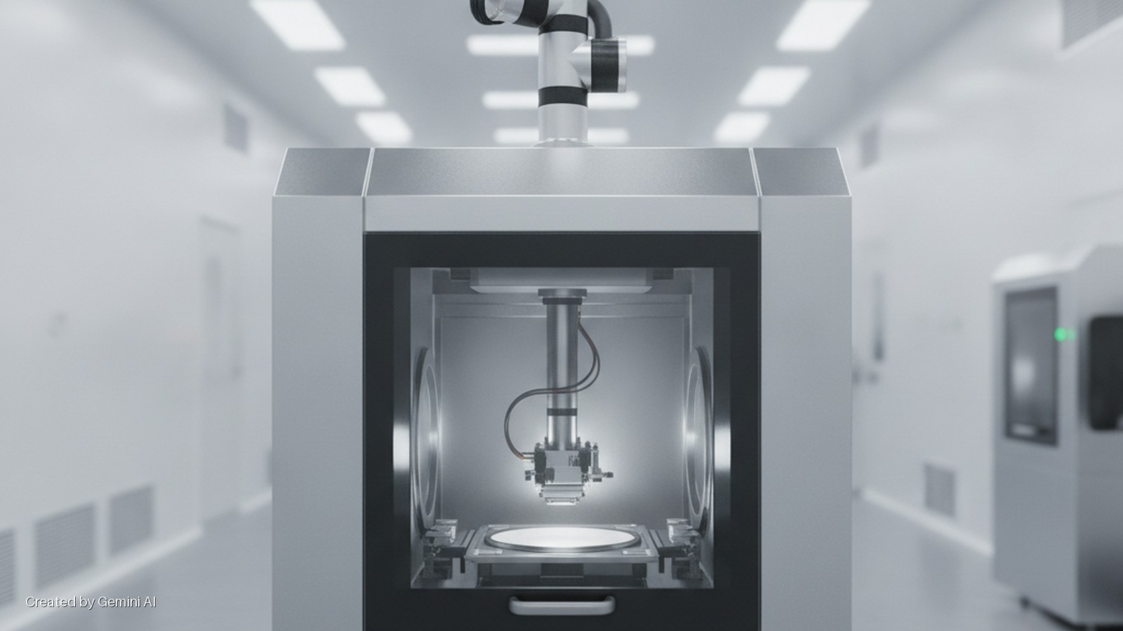 A robotic arm operates within a brightly lit semiconductor processing machine, illuminating a wafer on a stage in a cleanroom.