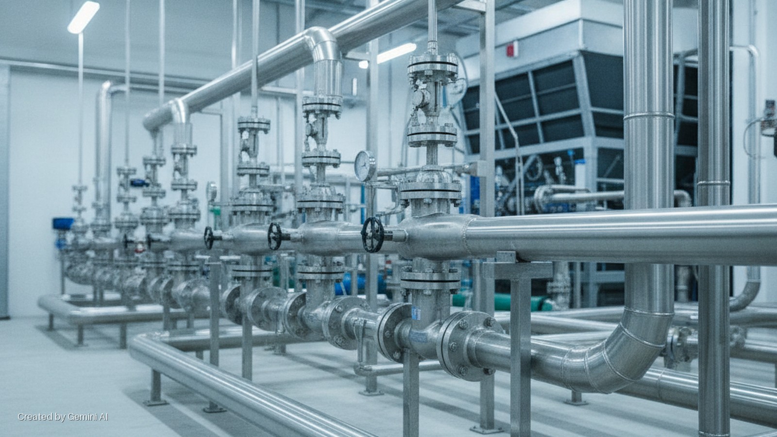 A brightly lit industrial room features extensive stainless steel piping systems with numerous valves, pressure gauges, and large cooling units in the background.