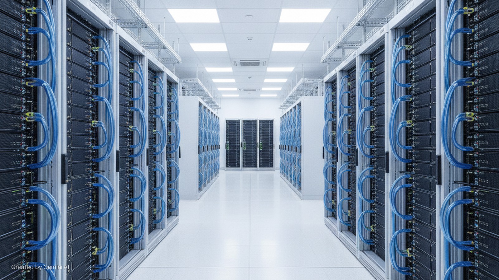 A brightly lit data center aisle is lined with rows of server racks featuring prominent blue network cables, leading to closed server cabinets at the far end.