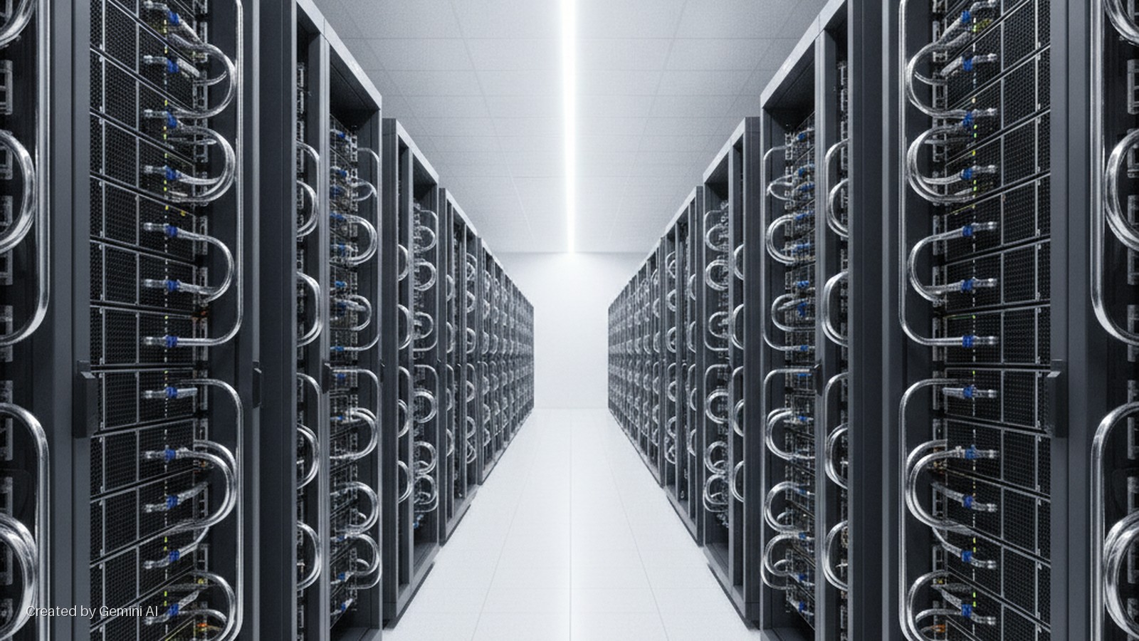 A brightly lit aisle in a data center features rows of dark server racks equipped with clear liquid cooling tubes and blue connectors, extending towards a vanishing point.