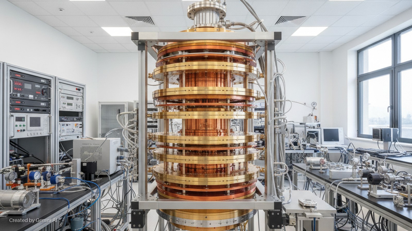 A large, multi-layered brass and copper cryogenic device stands prominently in a bright, white-walled laboratory surrounded by racks of electronic equipment, workbenches with scientific instruments, and windows.