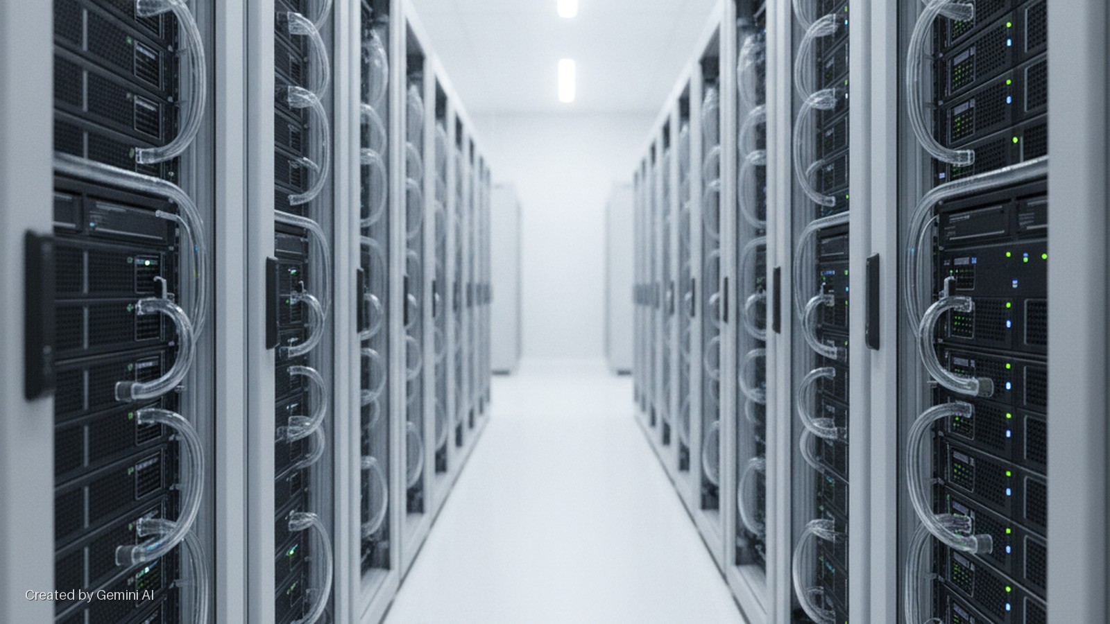 A bright data center aisle lined with tall server racks containing black servers with glowing green and blue indicator lights and clear liquid cooling tubes.