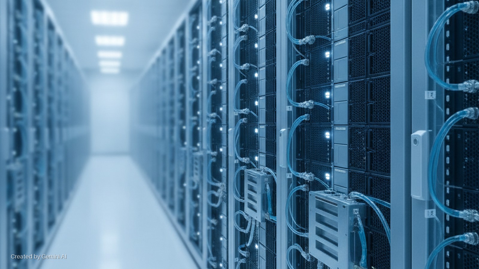 Long aisle in a modern data center with rows of server racks, active cooling units with blue liquid tubes, glowing indicator lights, and bright overhead lighting.