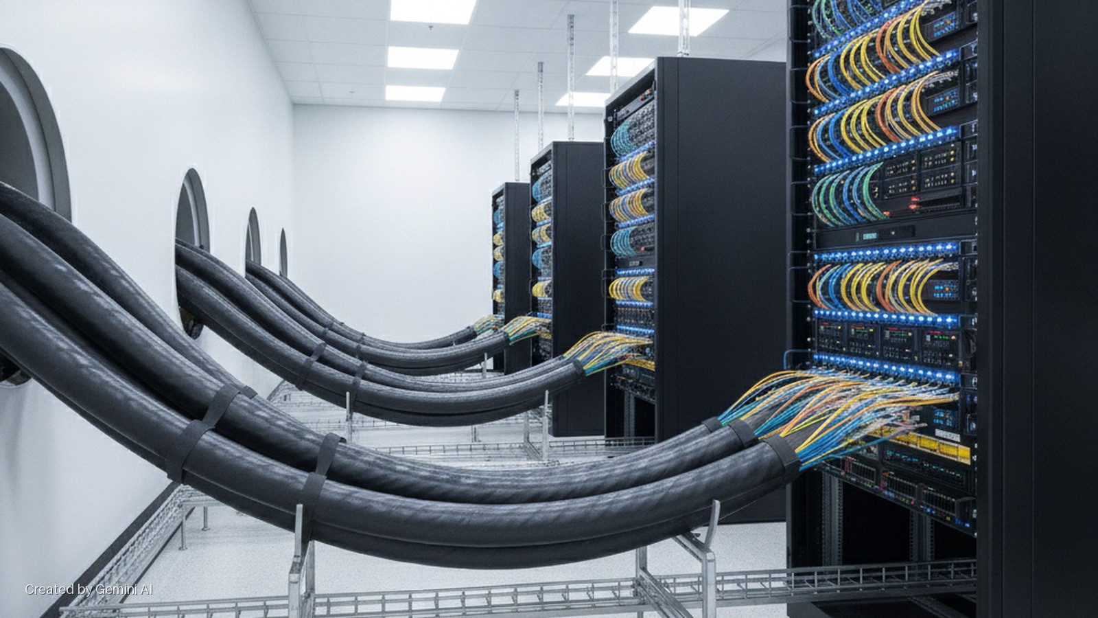 Brightly lit data center with rows of black server racks showcasing colorful network cables and blue indicator lights, connected by thick black cable bundles entering from circular wall openings and supported by metal trays.