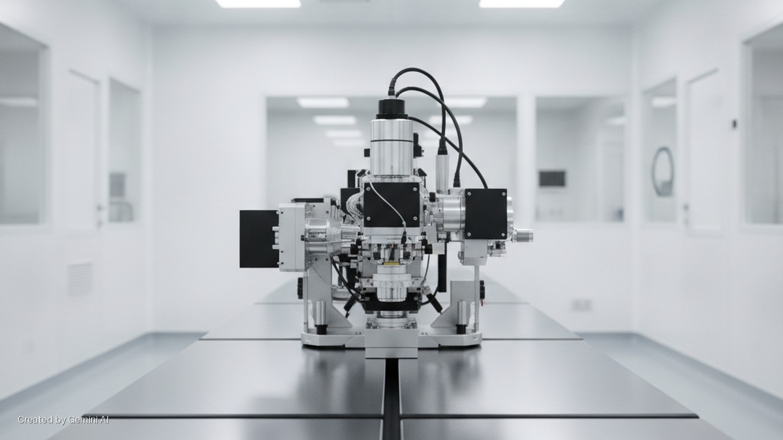 A complex silver and black scientific machine with multiple components and cables rests on a long, dark gray table in a brightly illuminated, sterile white laboratory with glass partition walls.