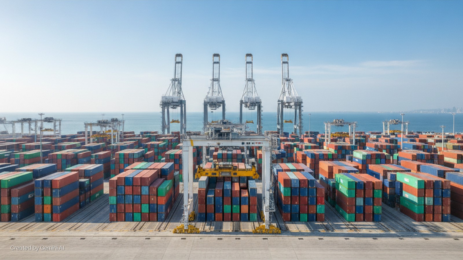 Rows of stacked colorful shipping containers fill a port terminal under a clear blue sky with multiple gantry and ship-to-shore cranes, the ocean, and a distant city skyline.