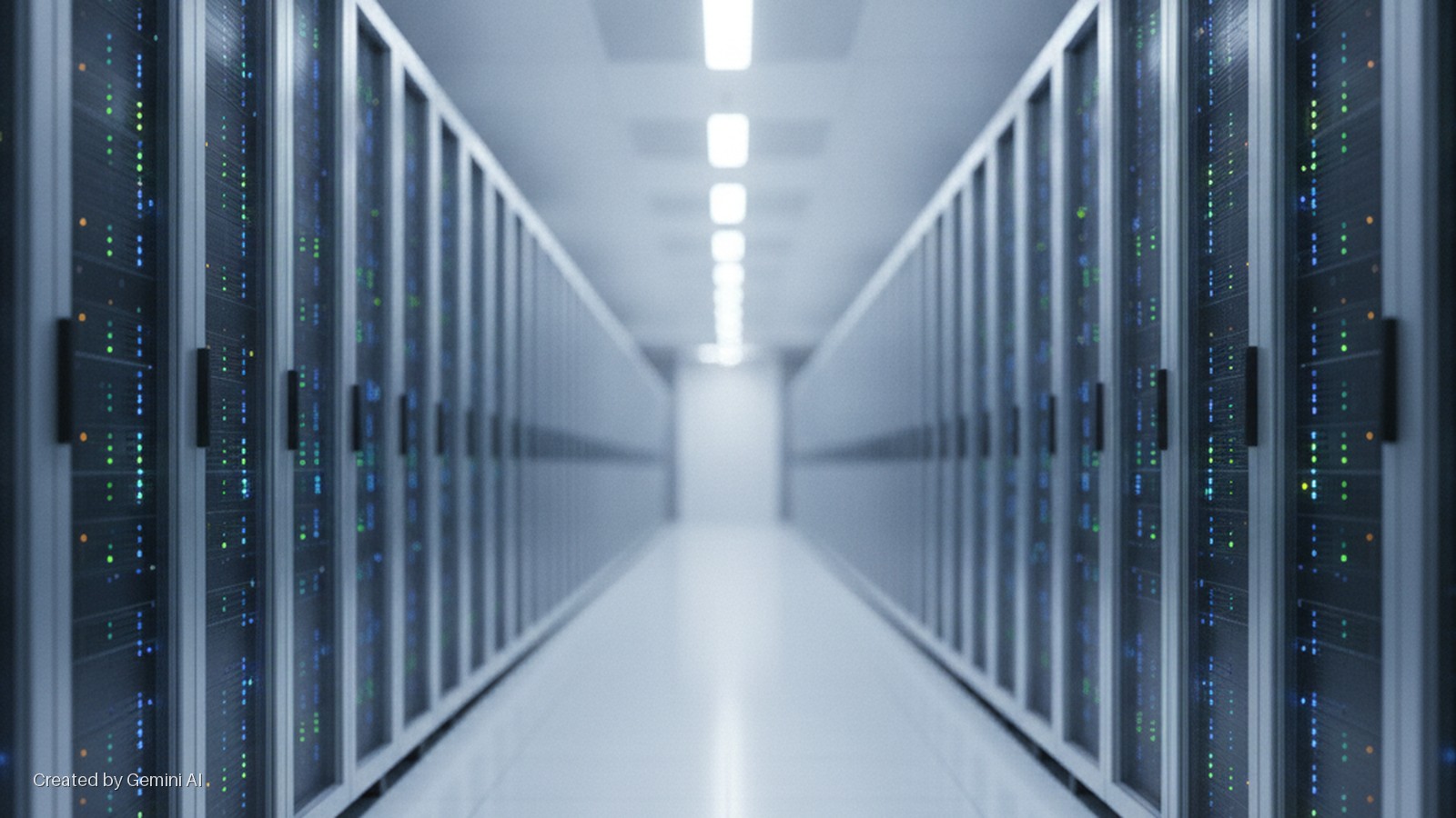 A brightly lit data center corridor with rows of server racks on either side, displaying numerous green and blue indicator lights, under overhead fluorescent lighting.