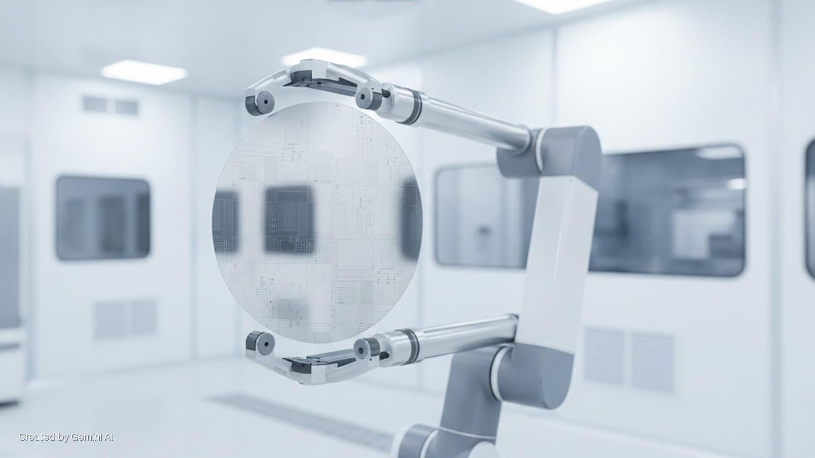 A robotic arm holds a silicon wafer displaying etched circuit designs in a brightly lit, sterile cleanroom.