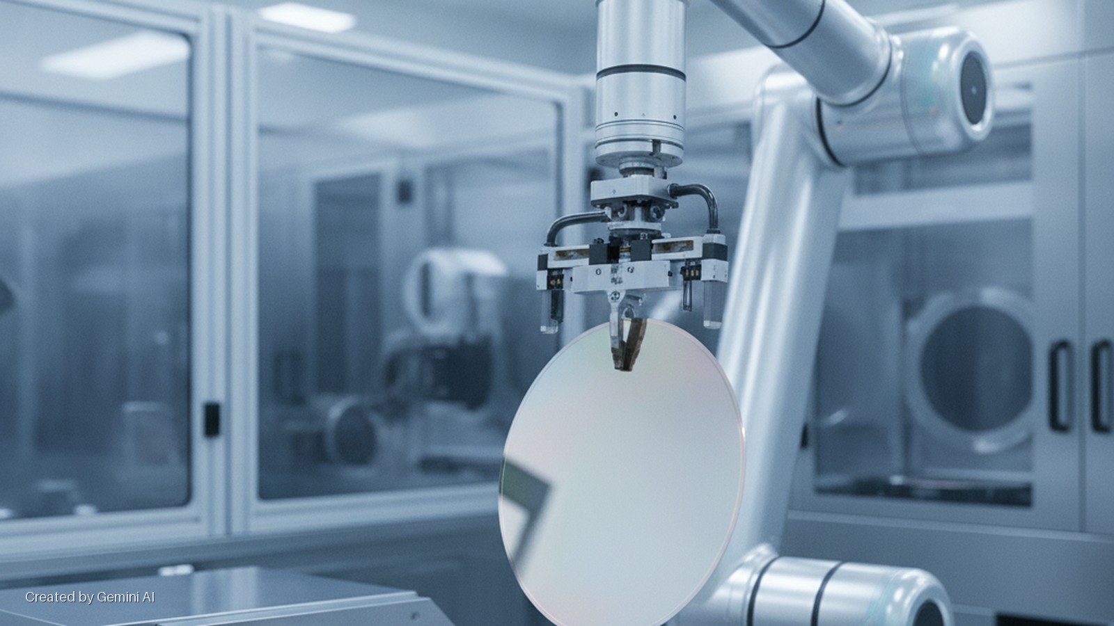 A metallic robotic arm precisely holds a large, reflective semiconductor wafer in a brightly lit industrial cleanroom.