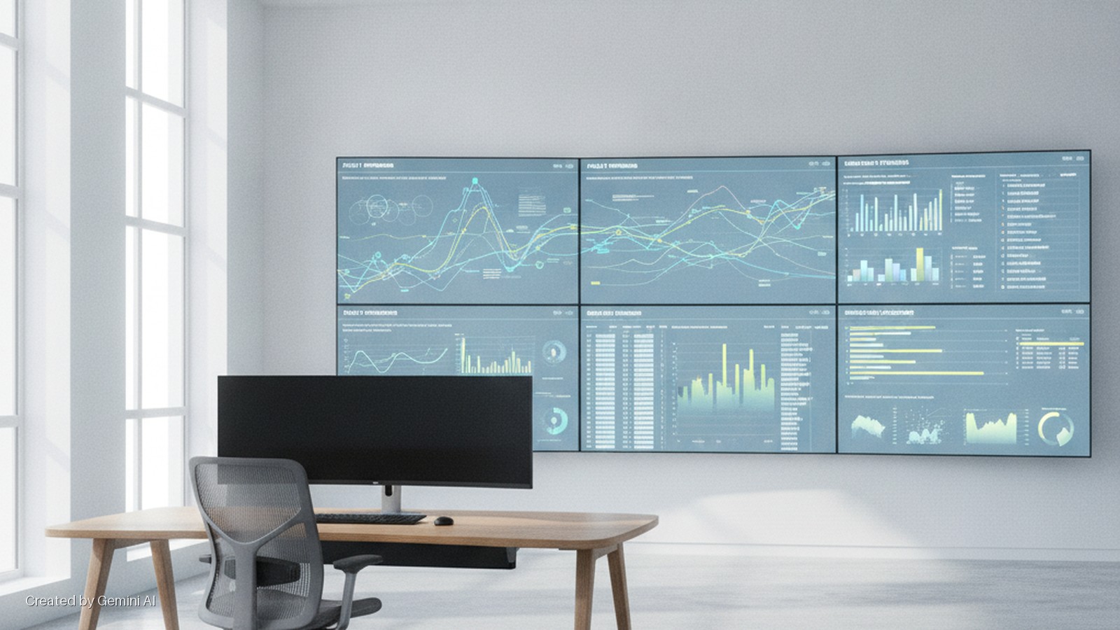 A modern office features a large six-screen data dashboard video wall, a wooden desk with a computer monitor and chair, and bright natural light from large windows.