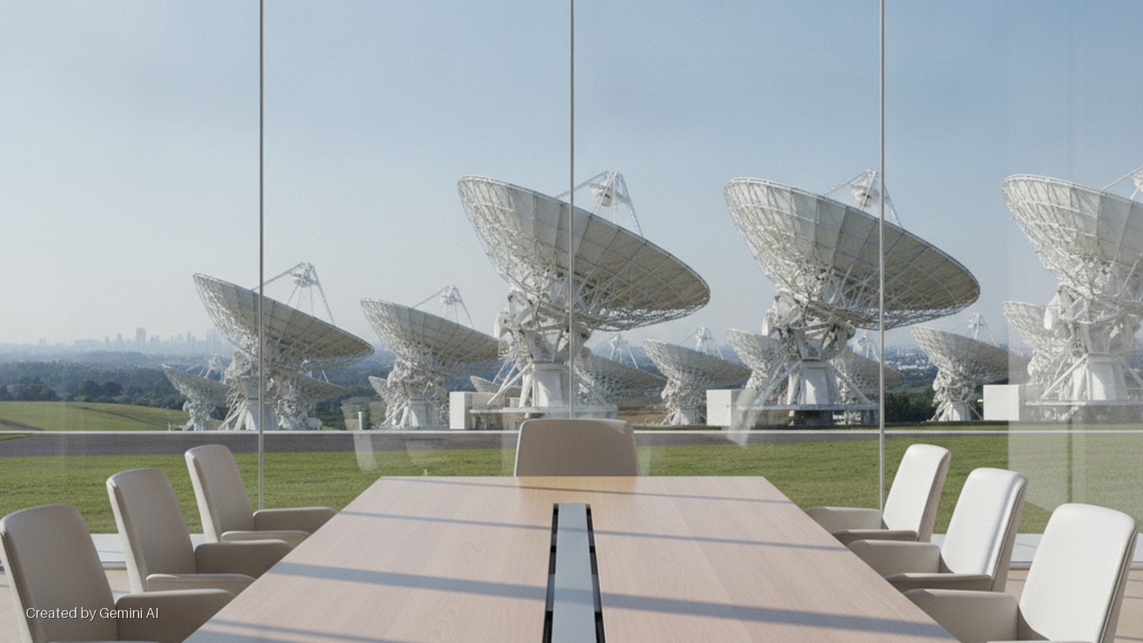 A modern conference room with a wooden table and white chairs faces glass walls overlooking a sunlit green field filled with numerous large white satellite dishes and a distant city skyline.