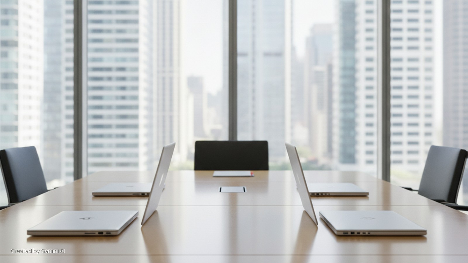 A bright conference room with a light wooden table, featuring two closed and two partially open silver laptops, and dark office chairs, overlooking a blurred cityscape through large windows.