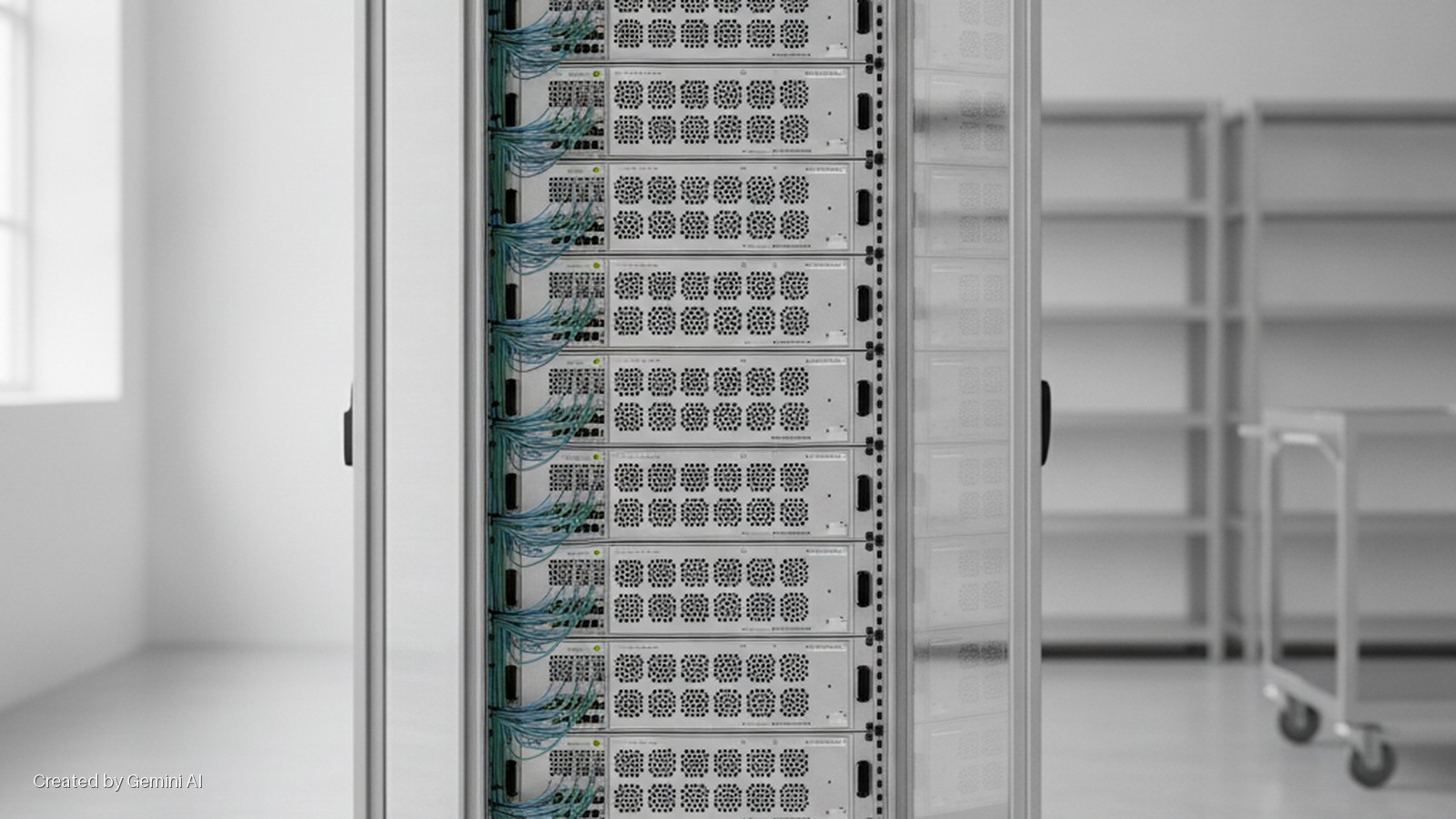 A brightly lit server rack filled with ten units of networking equipment and blue cables stands in a clean, white room with empty shelves, a rolling cart, and a window visible in the background.
