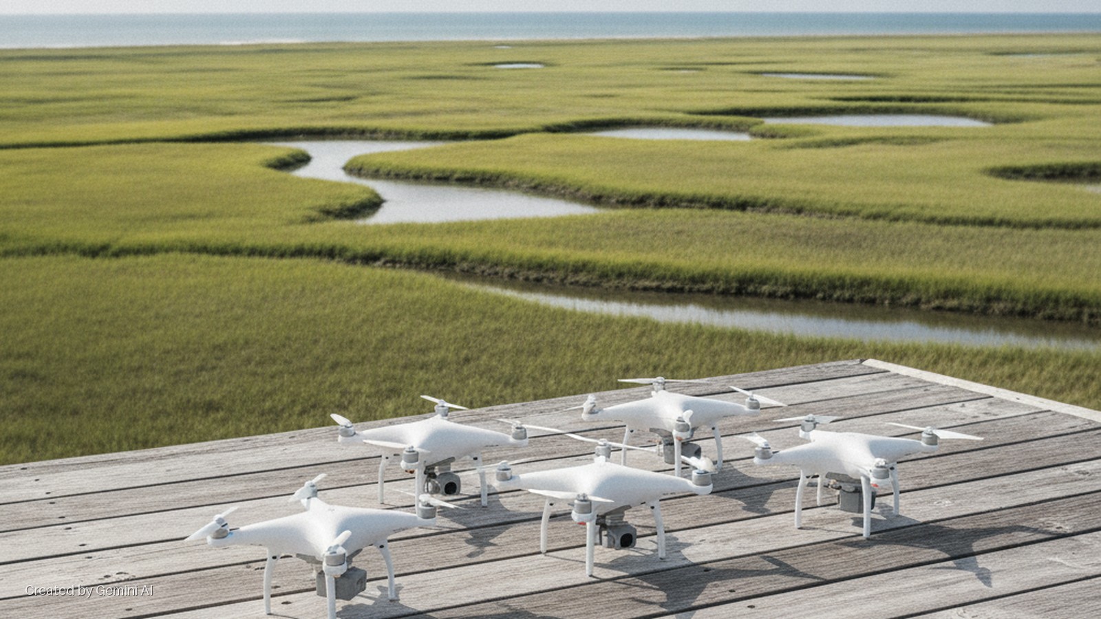 Five white quadcopters rest on a wooden deck, overlooking a sunny green marsh crisscrossed by winding channels leading to a distant sea.