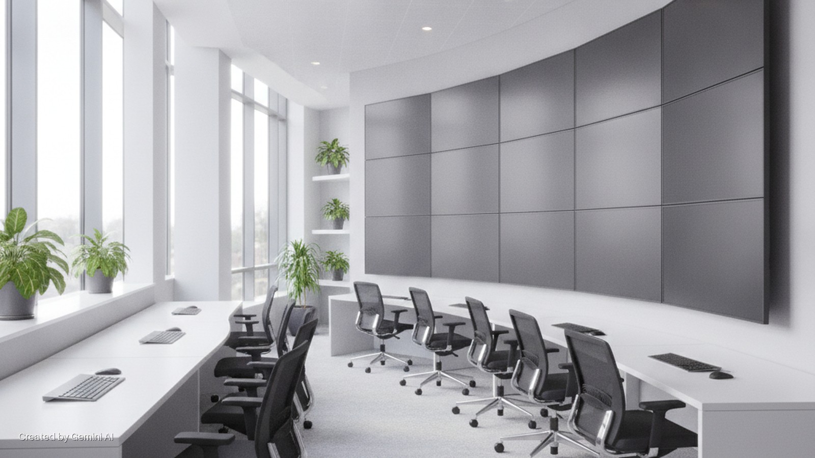 A bright, modern office features rows of white desks and black ergonomic chairs, large windows with potted plants, and a prominent curved wall with a grid of grey display panels, illuminated by natural and recessed artificial lighting.