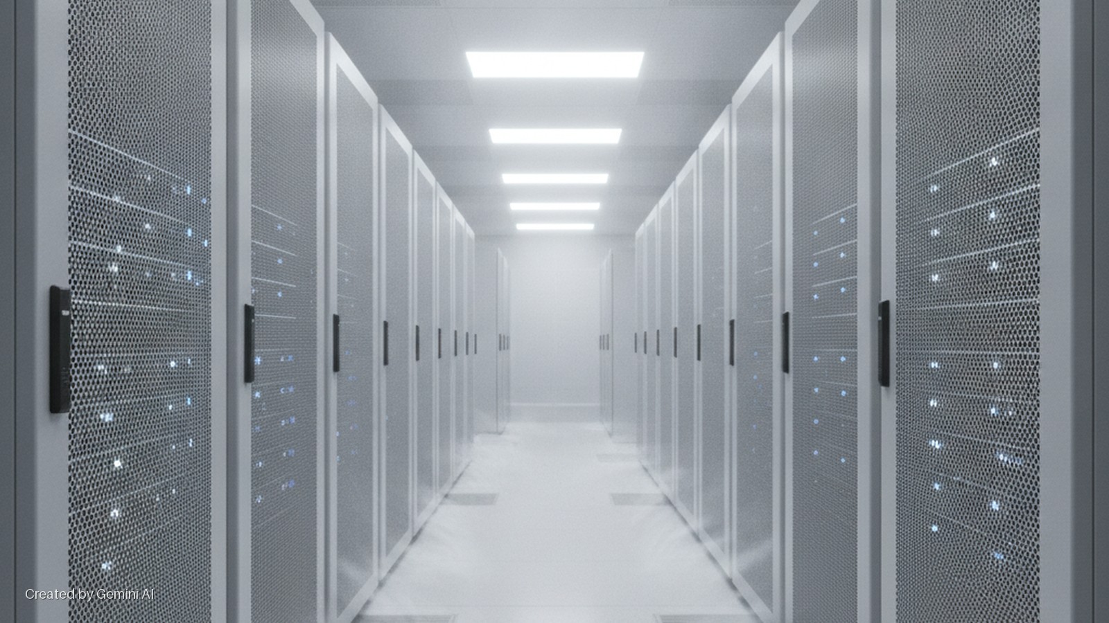 A long aisle in a data center, flanked by rows of grey server racks with perforated doors displaying glowing blue indicator lights, illuminated by bright overhead rectangular lights.
