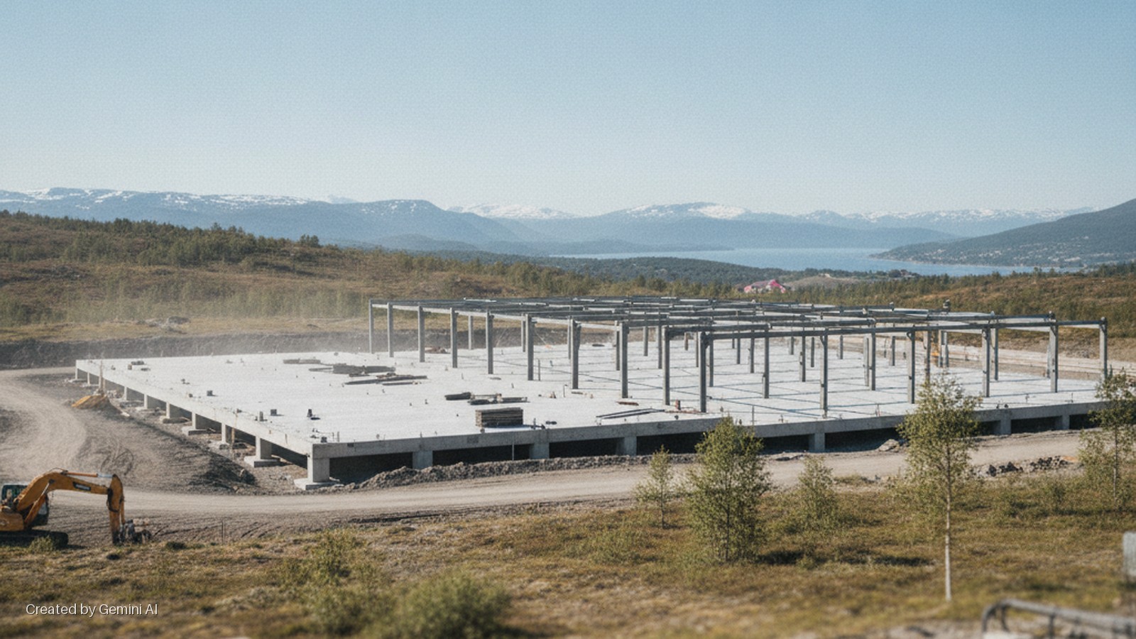 A large concrete foundation with a rising steel frame and an excavator on a dirt road, set against distant snowy mountains and a fjord under a bright, clear sky.