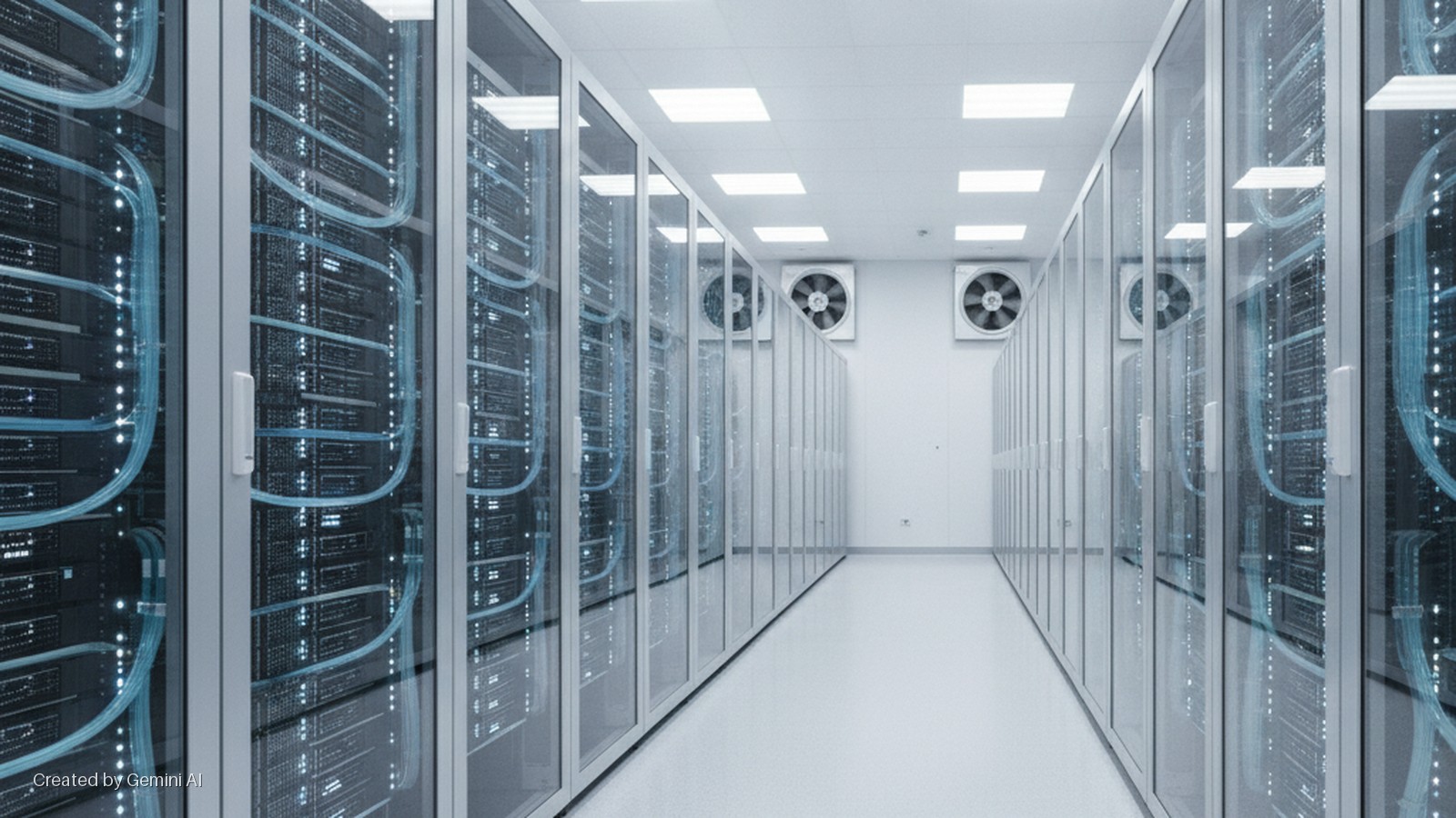 A brightly lit data center aisle features rows of glass-fronted server racks displaying glowing blue cables, with cooling fans on the back wall and fluorescent ceiling lights.