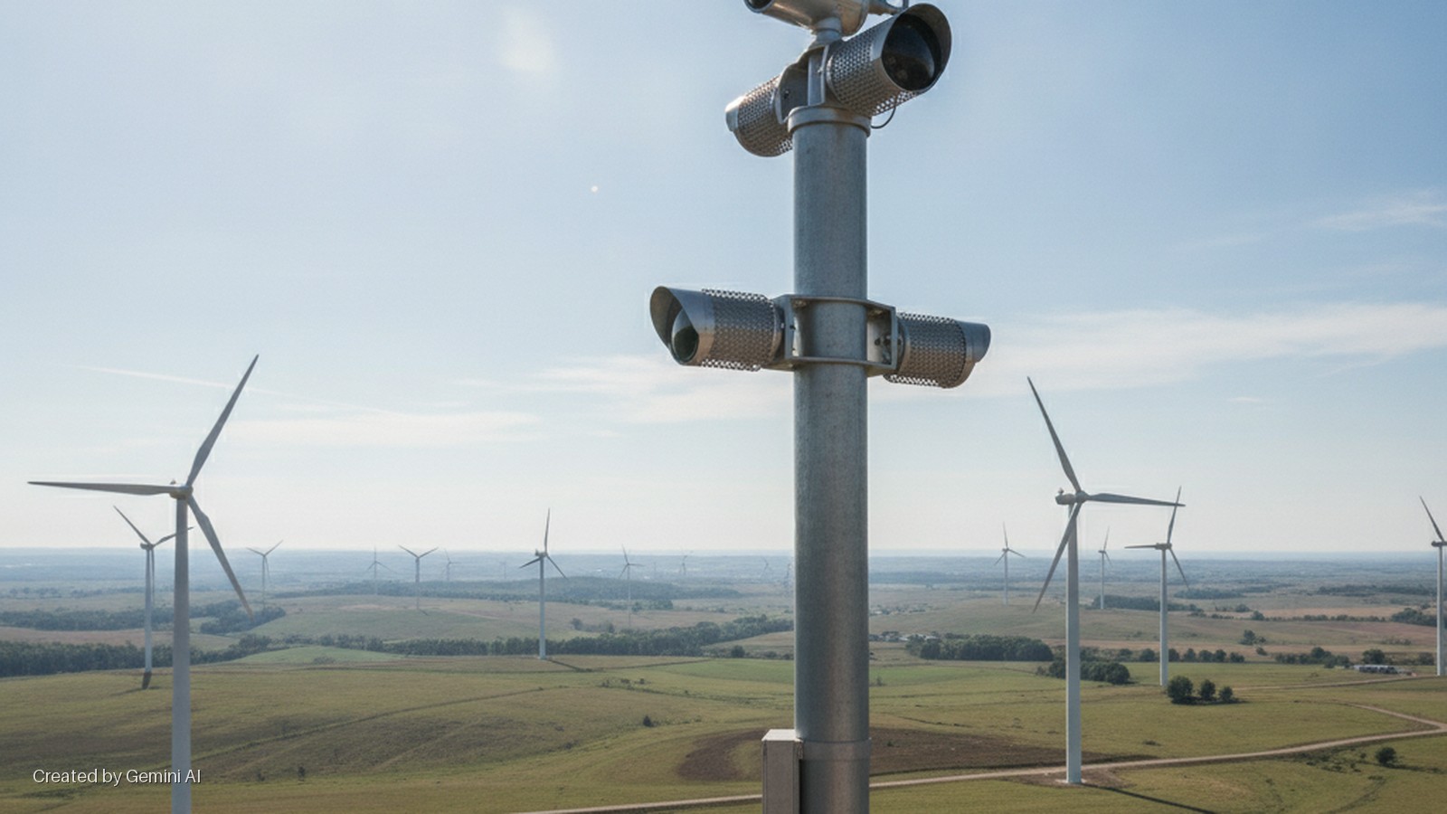A tall metal pole with two pairs of mounted surveillance devices stands in the foreground, overlooking a vast, sunny landscape of green fields with numerous wind turbines.