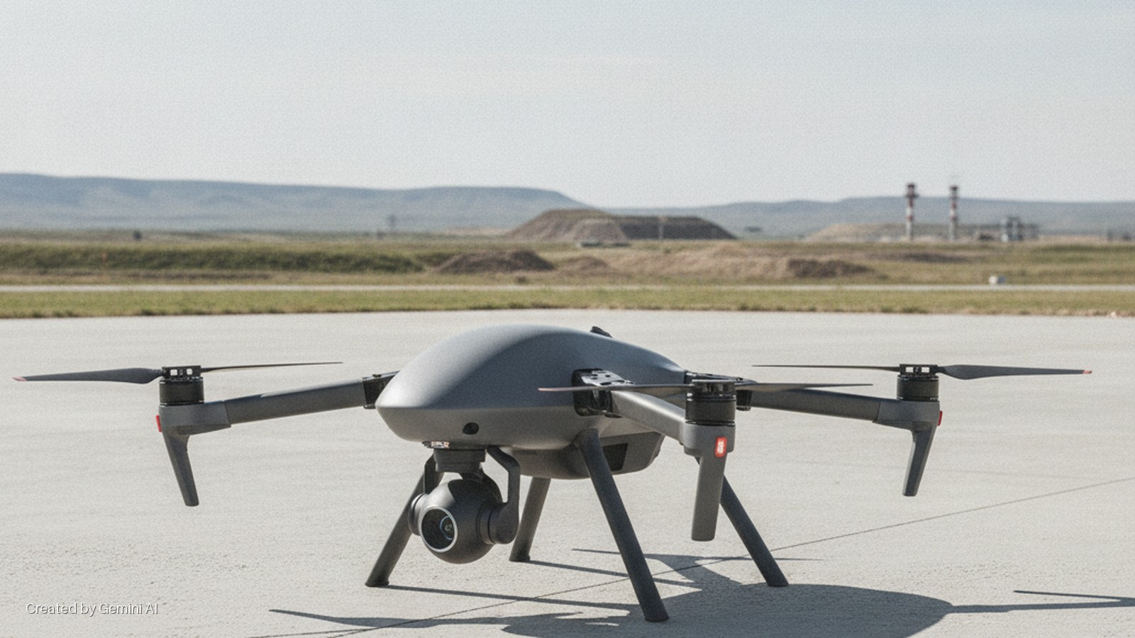 A dark grey drone with a gimbal camera and four propellers stands on a concrete surface, with a grassy field, distant hills, and industrial towers in the background under bright daylight.