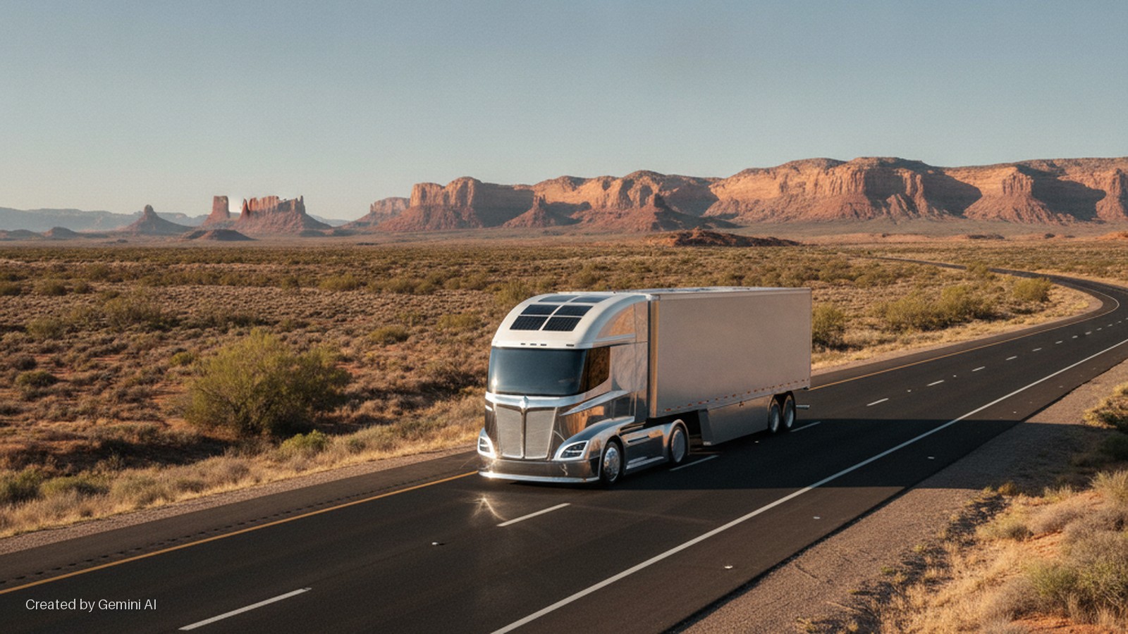 A sleek, chrome semi-truck with solar panels on its cab drives on an asphalt road through a sunlit desert landscape with low bushes and distant red rock mesas.