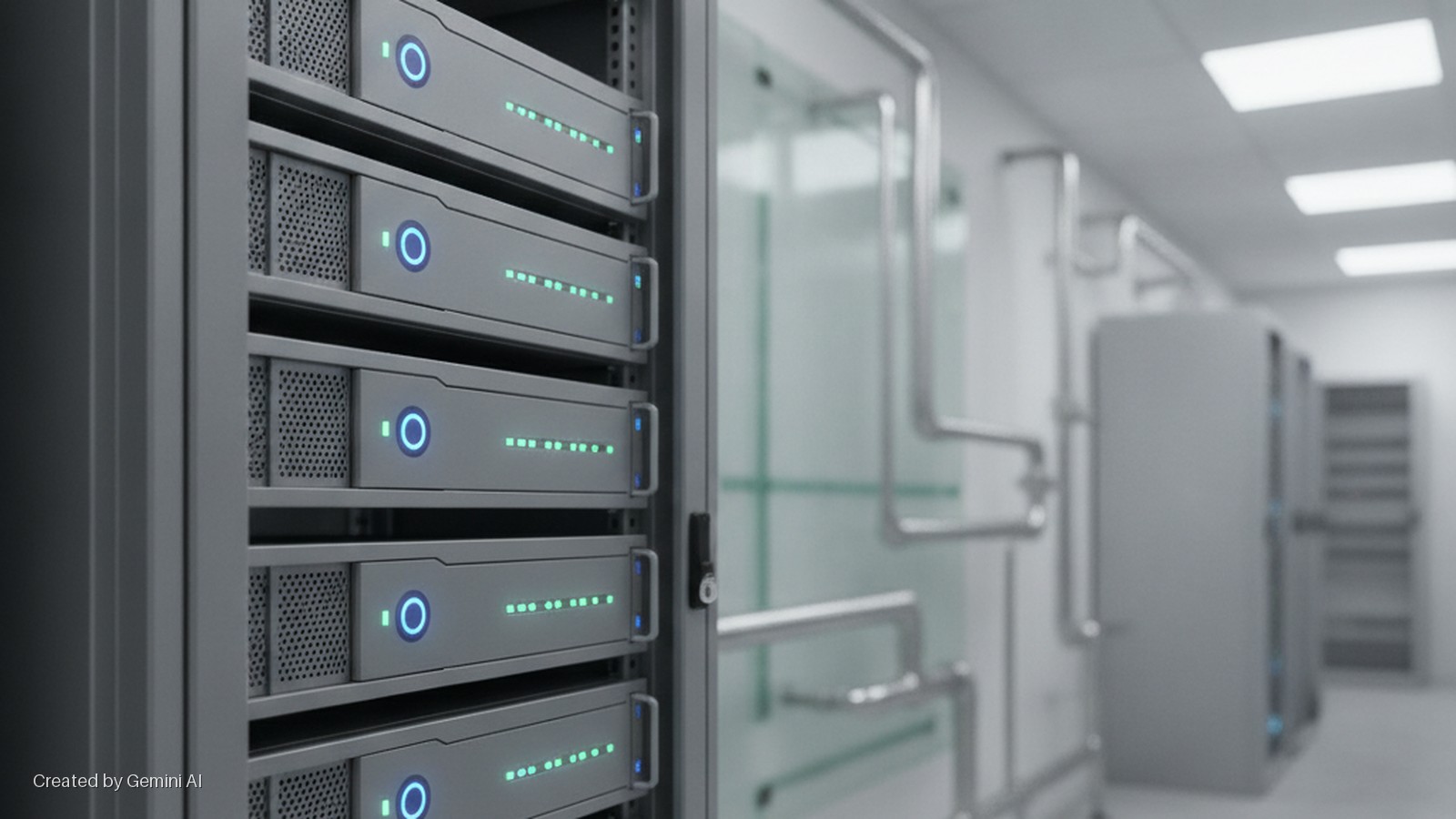 A server rack containing multiple servers with illuminated blue power circles and green activity lights stands in a brightly lit data center with pipes and additional equipment in the background.