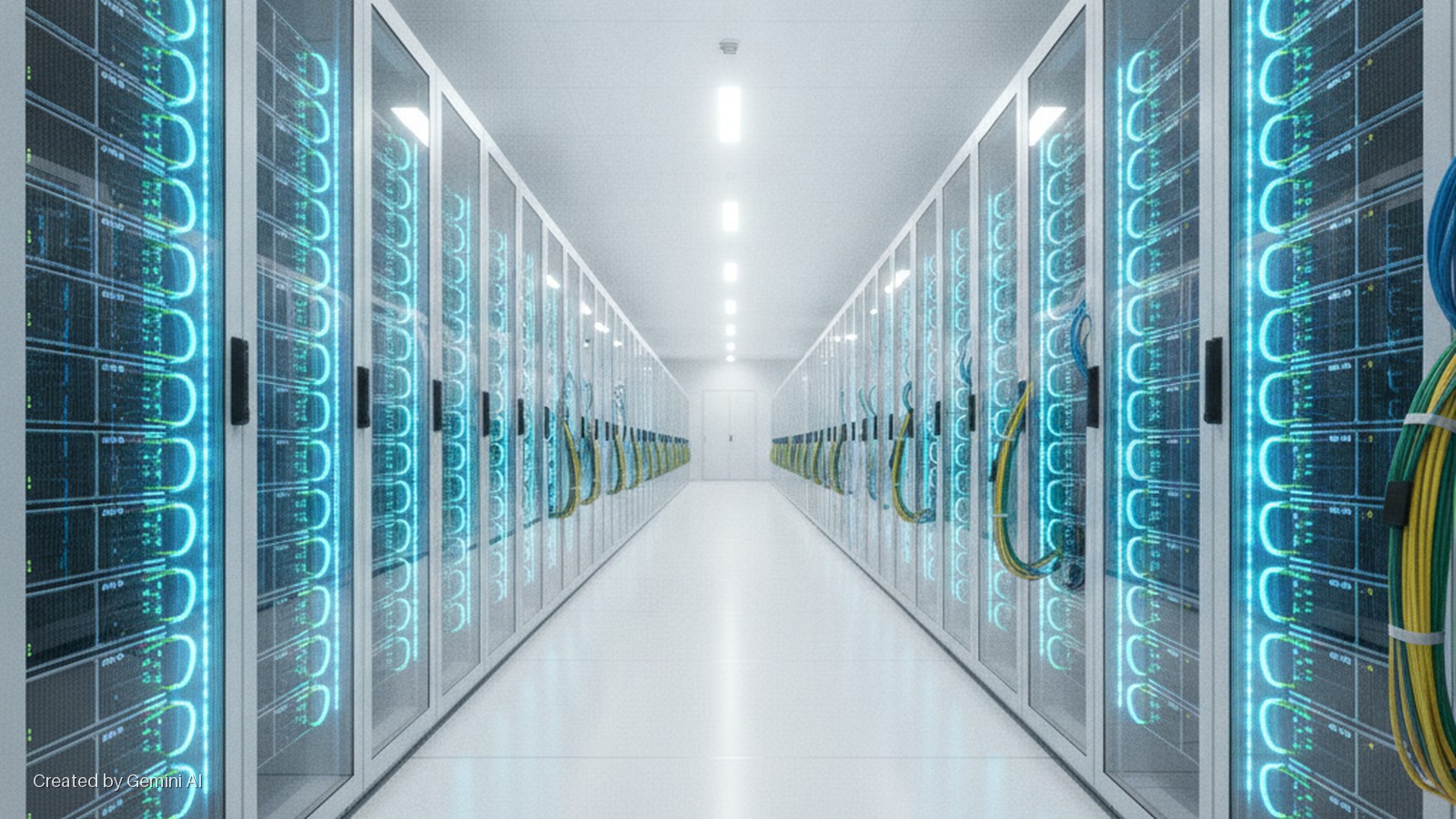A bright, white data center corridor features symmetrical rows of server racks with illuminated blue indicators, neatly organized network cables, and a pair of white doors at the end.