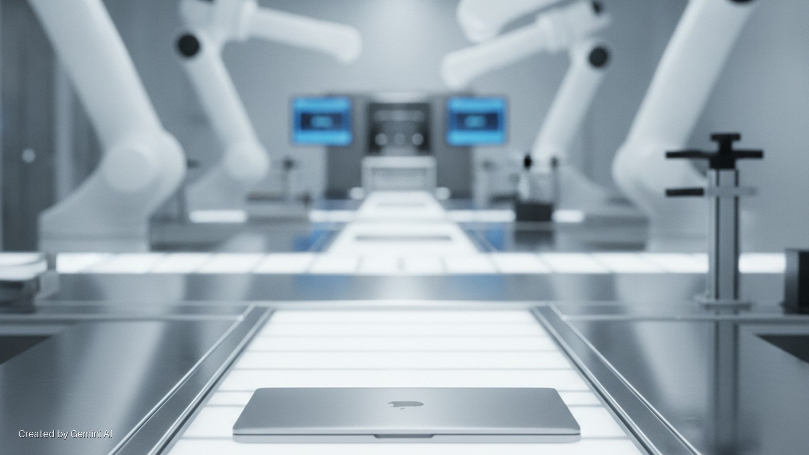 A silver MacBook rests on a bright conveyor belt in an automated assembly line, flanked by blurry robotic arms and control screens.