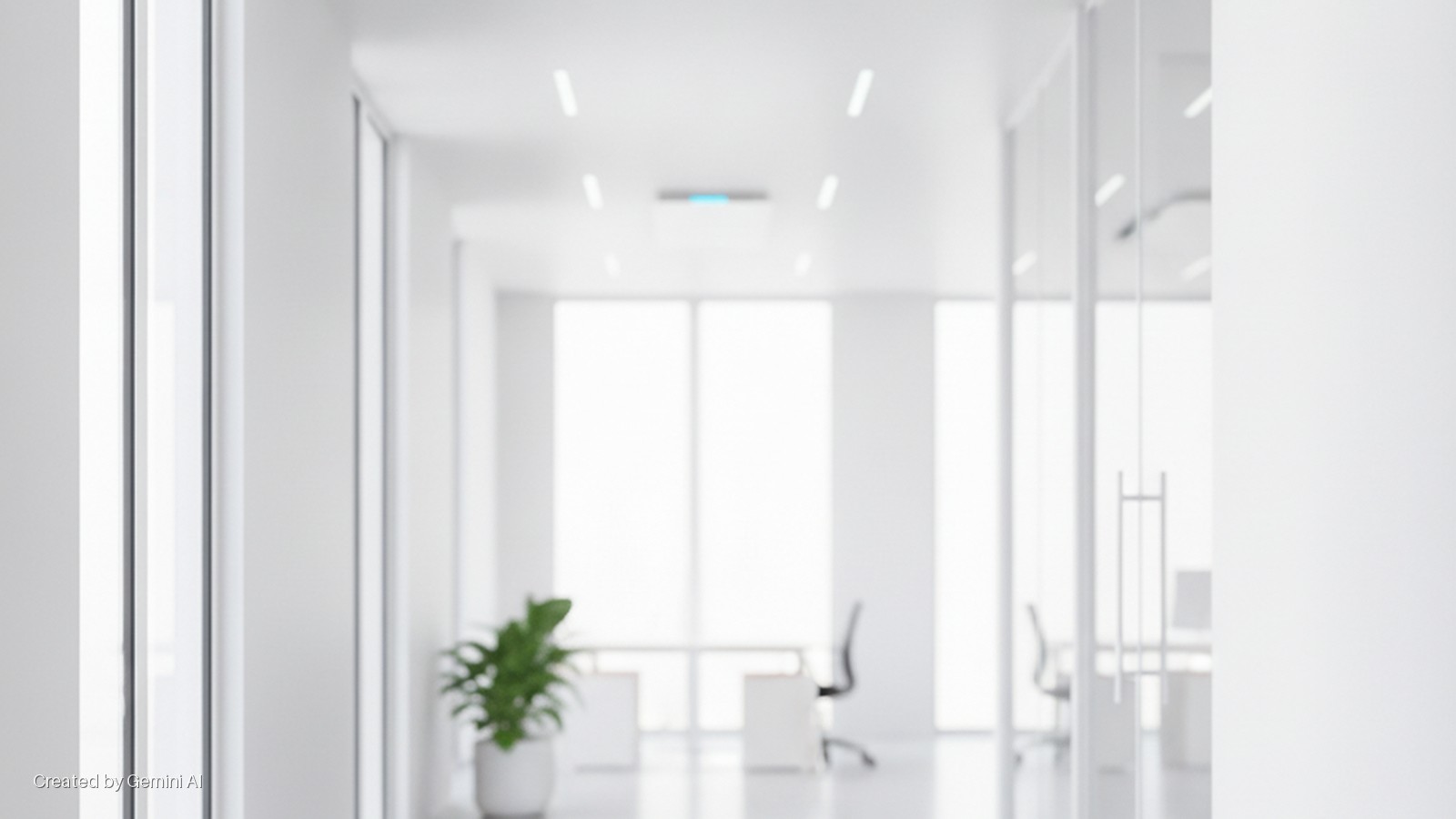 A bright, minimalist white office corridor with a potted green plant, linear ceiling lights, and glass-fronted offices featuring large windows, desks, and chairs.