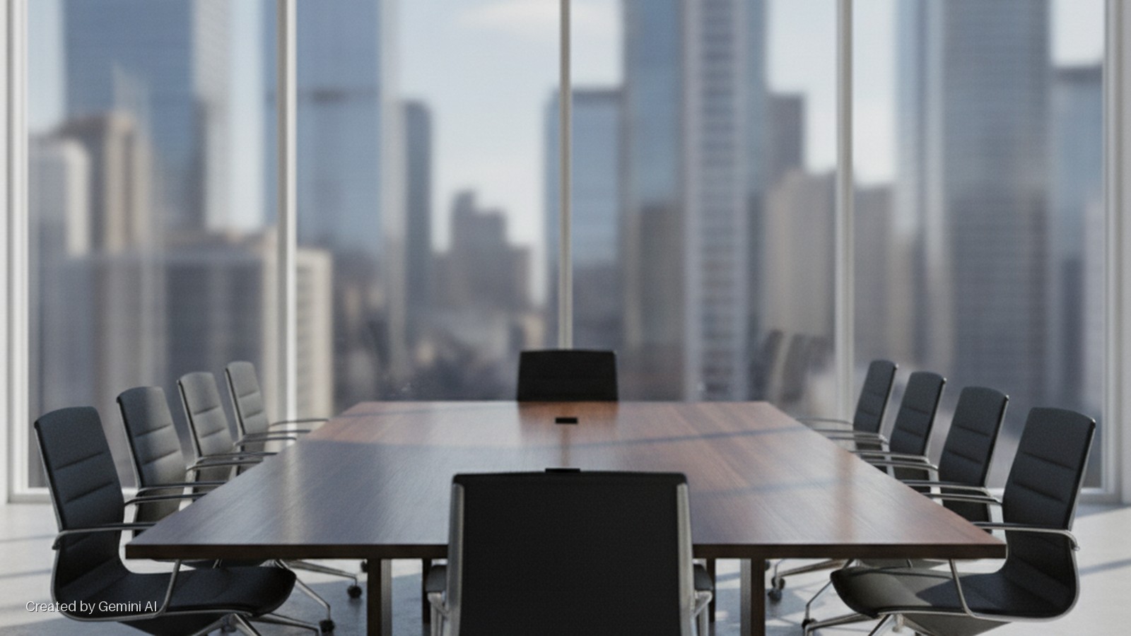 A modern conference room features a long wooden table surrounded by black office chairs, illuminated by natural light streaming through large windows showcasing a blurred city skyline.