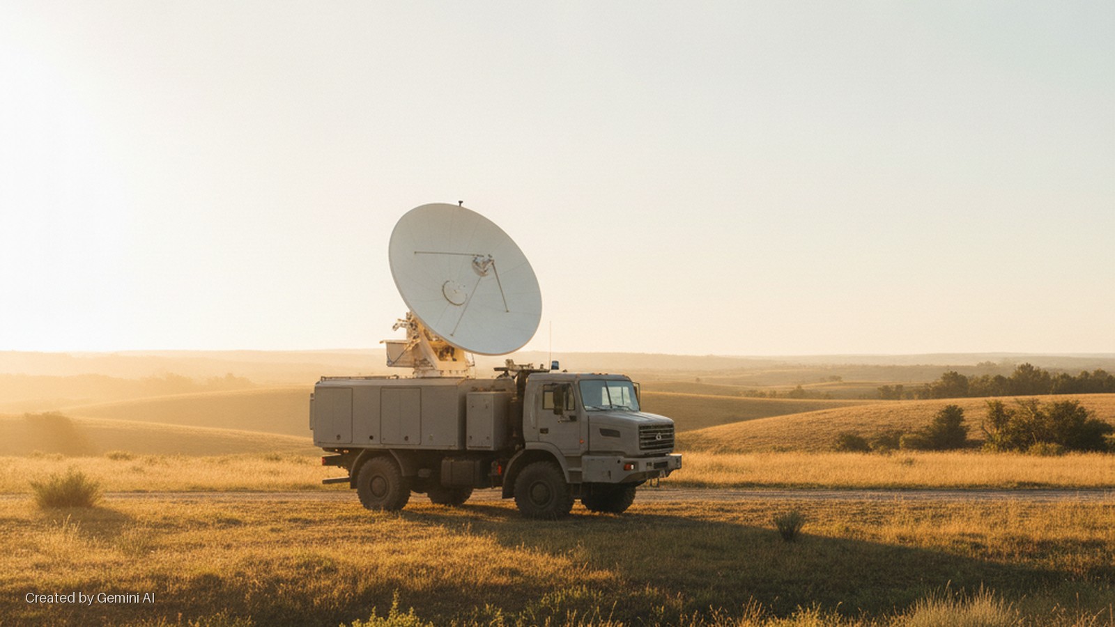 A grey, multi-axle truck with a large white satellite dish mounted on its rear is parked on a dirt road amidst golden grassy rolling hills bathed in warm sunset light.