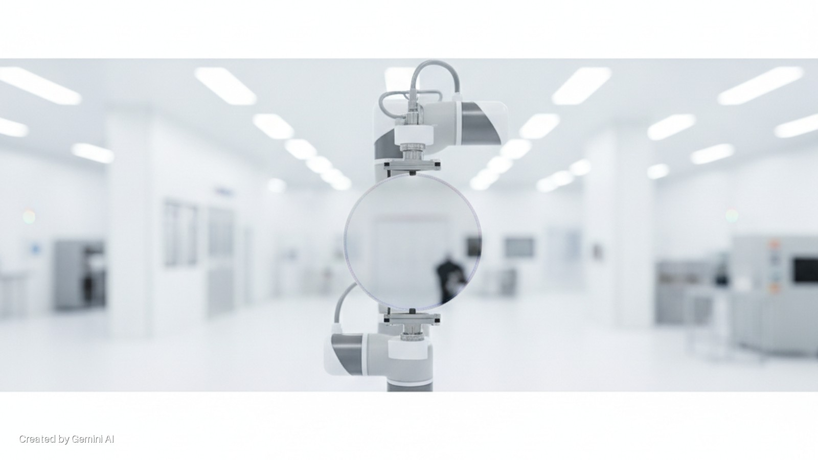 A robotic arm holds a silicon wafer in a bright, white cleanroom with blurred laboratory equipment and overhead fluorescent lighting.