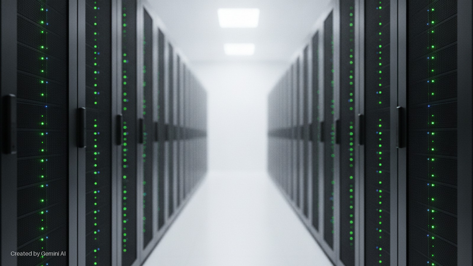 A brightly lit data center aisle with rows of black server racks on both sides displaying numerous green and some blue indicator lights, extending towards a distant, bright white wall and overhead square lights.