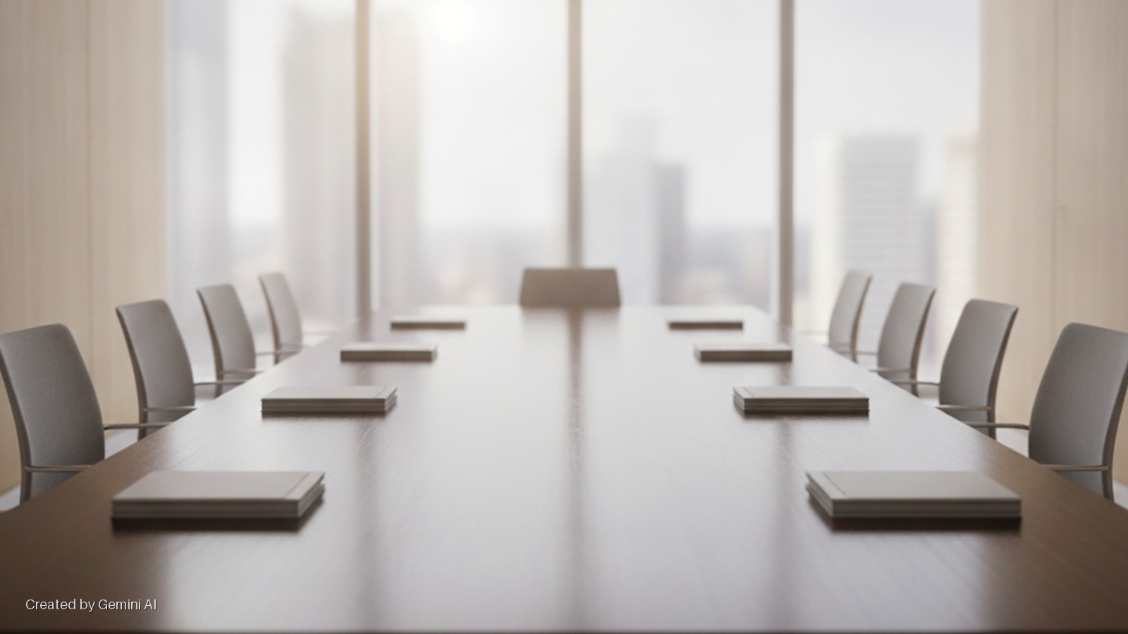 An empty conference room features a long wooden table surrounded by grey chairs with stacks of notebooks at each seat, brightly lit by natural light streaming through large windows overlooking a blurred city skyline.