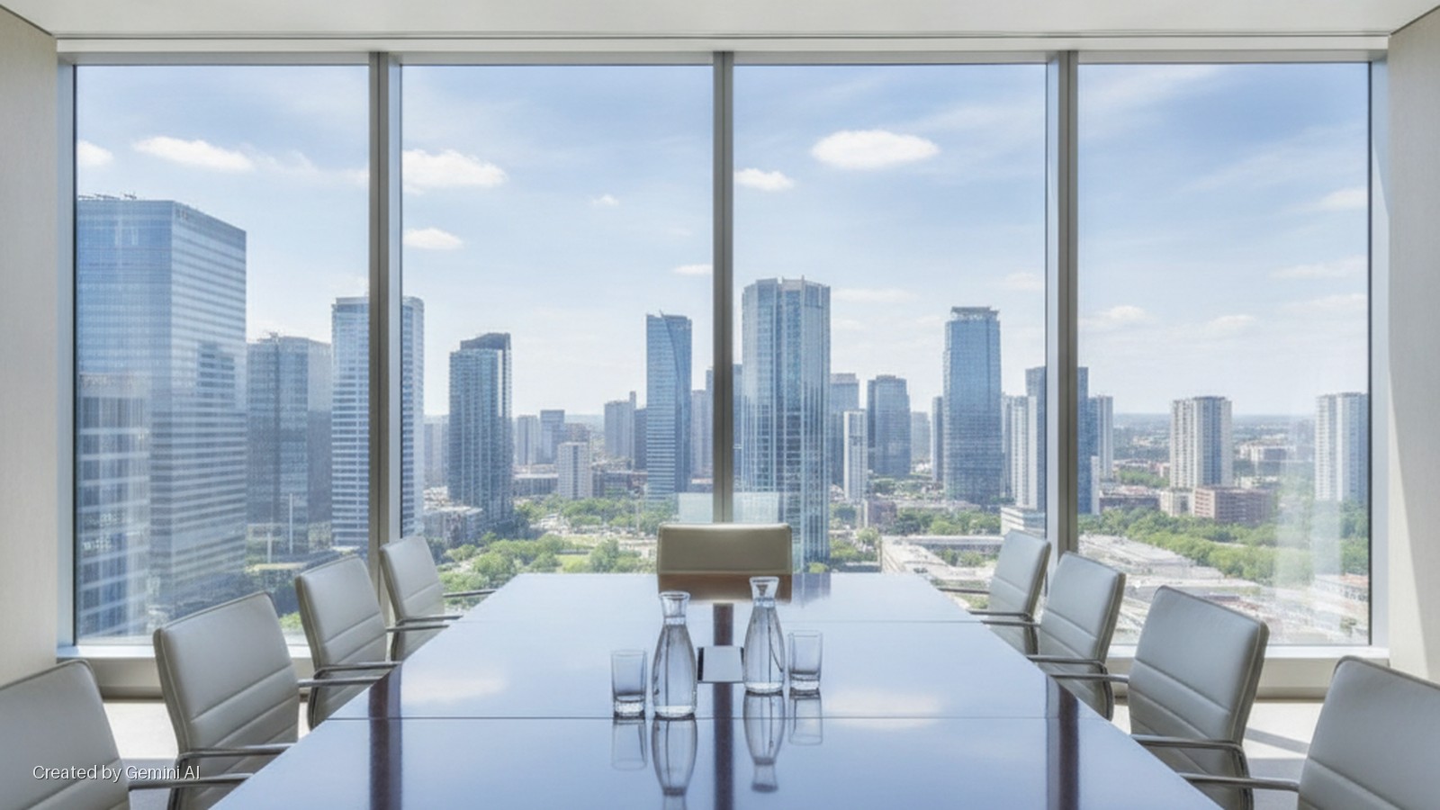 A bright, daylight view from a high-rise conference room shows a long conference table with chairs, water carafes, and glasses, overlooking a sprawling city skyline with numerous skyscrapers and green trees under a partly cloudy sky.