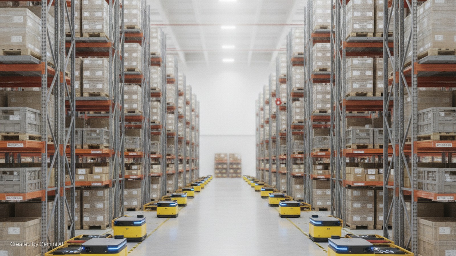 Rows of tall metal shelves packed with boxes and crates in a brightly lit warehouse aisle, with multiple yellow autonomous mobile robots on the floor.