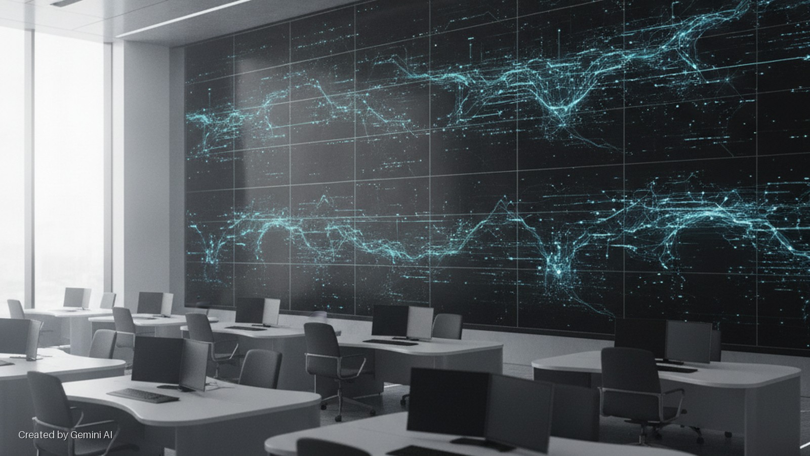 A brightly lit modern control room features rows of white desks with computers and office chairs, facing a large wall-mounted screen displaying intricate blue data patterns on a dark grid background.