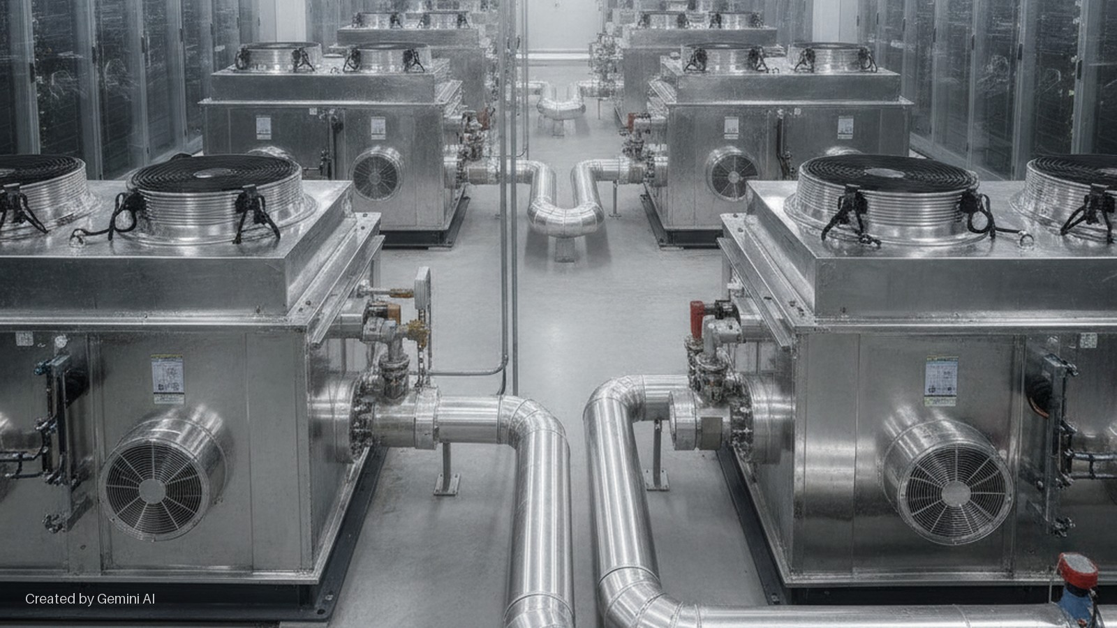Brightly lit industrial cooling units with prominent fans and connected metallic pipes are arranged in rows within a data center, with server racks lining the background.