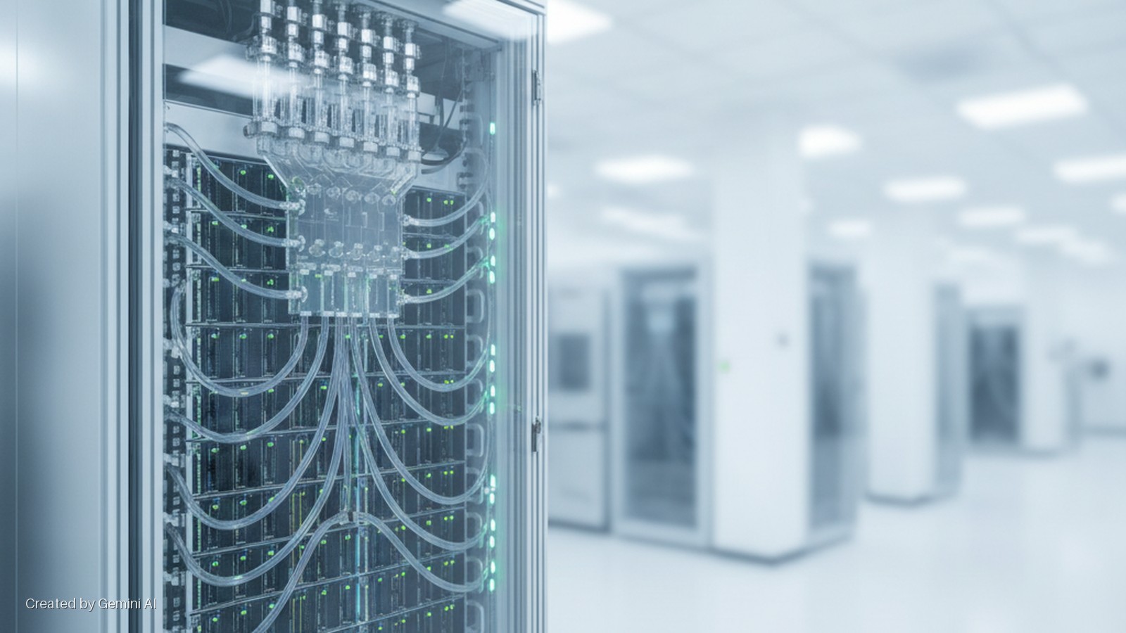 A server rack with a clear tubing system and green indicator lights on its internal modules stands in a brightly lit, modern data center.